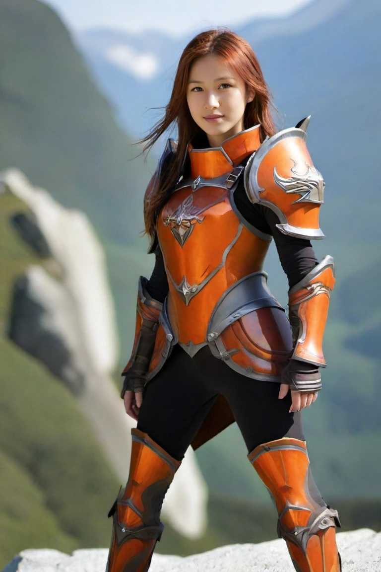 hxarmour,1 hin girl,(dark orange armour:1.1),mountain,Adventure pose,<lora:HXarmour_007XL:0.7>,