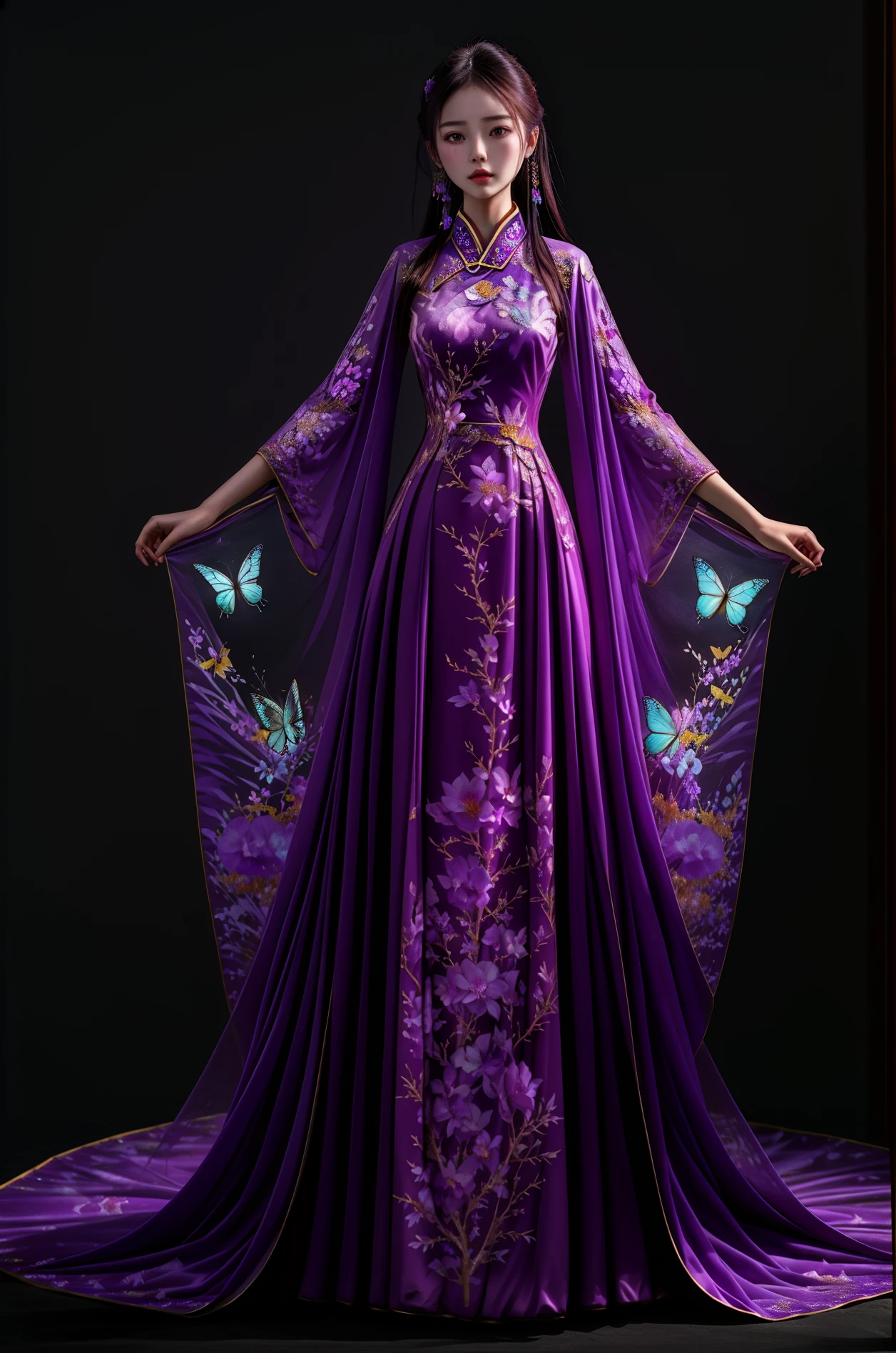 masterpiece,best quality,dynamic_angle,1girl,dress,<lora:formal attire:0.8>,formal attire,chinese style,chinese style formal dress,glowing,butterfly,flower,purple,