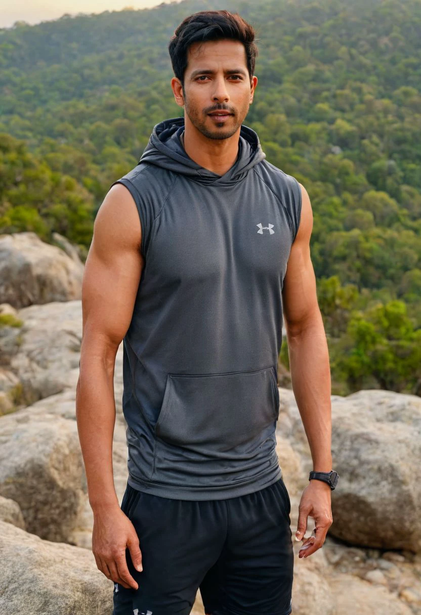 photo of Jason Reitman a man  <lora:Sehban-Azim_Jason-Reitman:0.9>, wearing a sleeveless well-fitted under armour hoodie and compression shorts, standing on a boulder, outdoor trail, 35mm photograph, film, bokeh, professional, 4k, highly detailed, creek in the background, natural lighting, golden hour