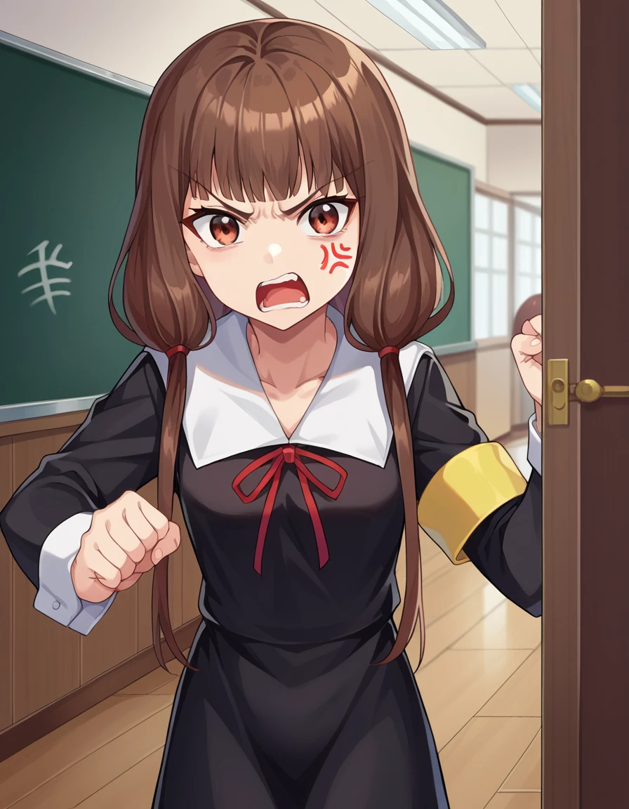 score_9, score_8_up, score_7_up, source_anime,
mikoiino, <lora:miko-iino-ponyxl-lora-nochekaiser:1>,
miko iino, blunt bangs, brown eyes, brown hair, hair tie, long hair, low twintails, red ribbon, ribbon, twintails, angry, shouting, anger vein,
long sleeves, dress, ribbon, school uniform, collarbone, black dress, sailor collar, white sailor collar, red ribbon, neck ribbon, shuuchiin academy school uniform, armband,
indoors, classroom, hallway,
looking at viewer, dutch angle, cowboy shot,