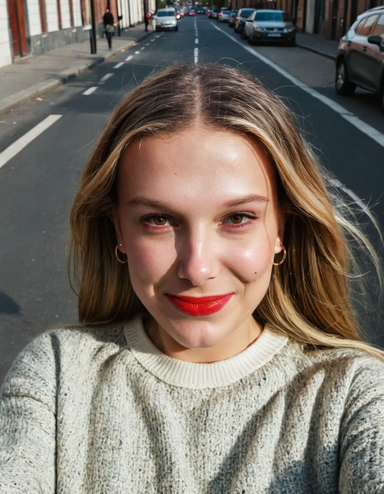 super high resolution (from above shot:1.3) photo face of milli3 woman with long blonde hair smiling,eyeshadow and lipstick, taking a selfie in a street while looking at camera,wearing sweater,(highly detailed skin:1.2),(pores:1.2),(sweaty skin:1.3),gloomy,volumetric lighting,daylight,(surreal dramatic lighting shadow)