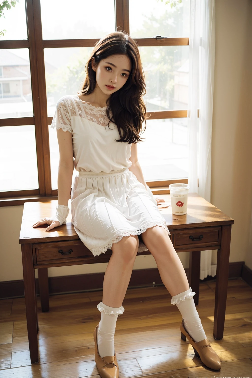 masterpiece, best quality, photo realistic, realistic, 1girl, <lora:rufflesocks:0.75> lace socks, long hair, sunlight, sitting on desk, full body, cute dress,
