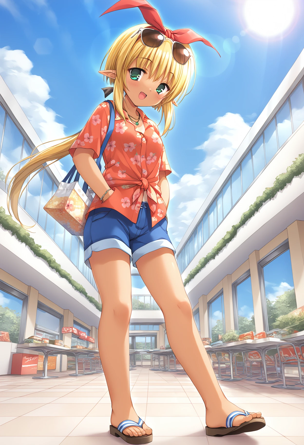 score_9, score_8_up, score_7_up, source_anime BREAK
1girl, solo, cubako, green eyes, pointy ears, blonde hair, long hair, ponytail, ribbon, hair ribbon,
blush, open mouth,
hawaiian shirt, print shirt, floral print, short sleeves, shorts, blue shorts, sunglasses,
jewelry, necklace, sandal, tan line,
head tilt, hands in pocket,
full body, tread on viewer, looking at viewer, from below, BREAK
lens flare,
outdoors, shopping mall, sky, cloud, sun
<lora:YumeNight_Liliko-xl-pony-v03:0.9>