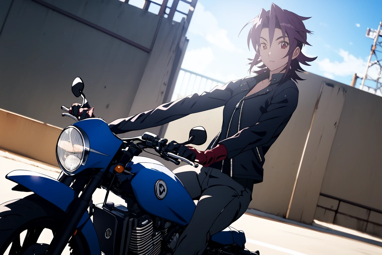 (RAW photo, best quality), 1girl,  natural lighting <lora:triage_x_miki_tsurugi_v1_2:1>, miki tsurugi (triagex), 
leather jacket, riding motorcycle, (sunglasses), leather gloves,