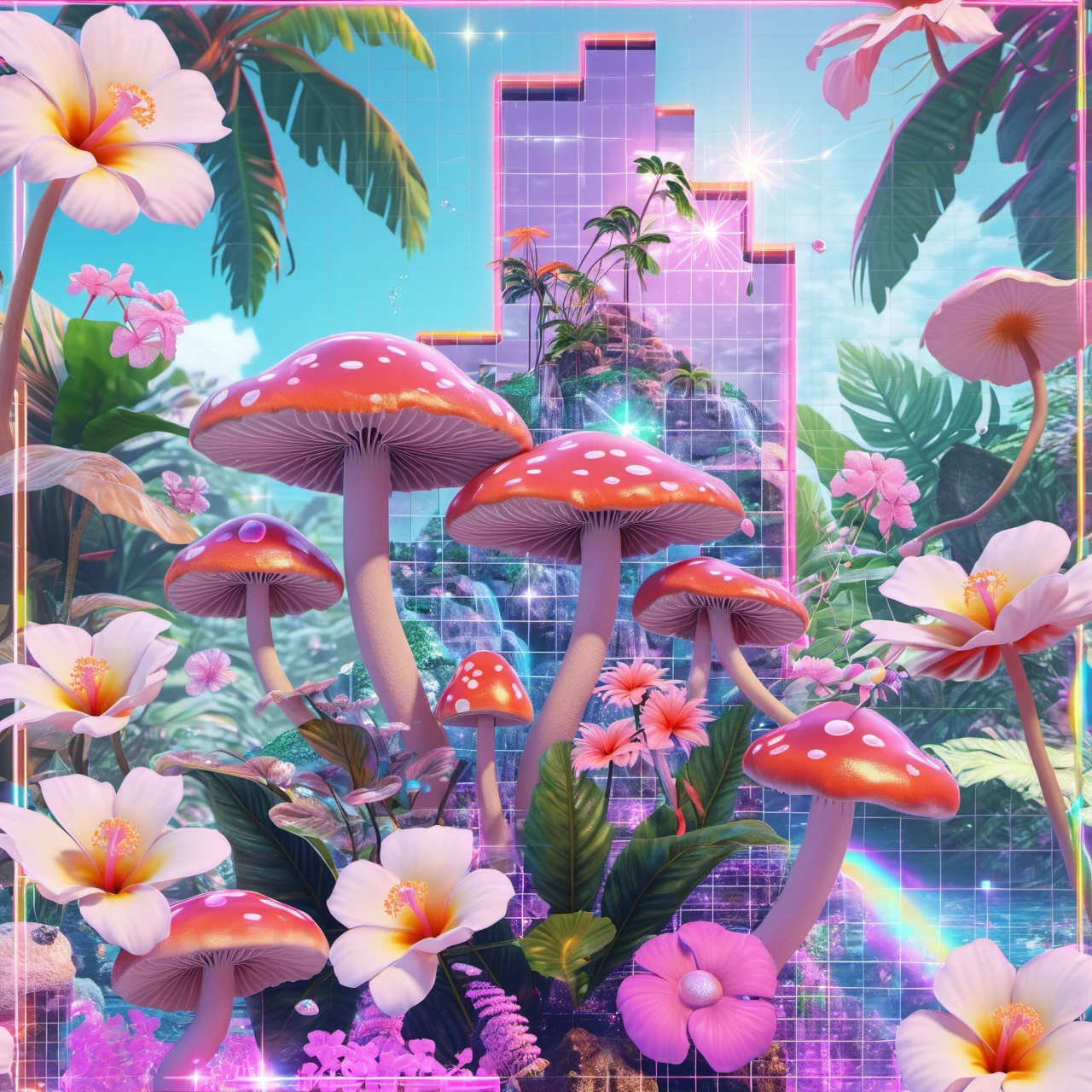 xdlx style, aesthetic digital photo, tropical paradise waterfall, bubbles, flowers, pixelization, bioluminescent mushrooms, vaporwave aesthetic, grids, graphs