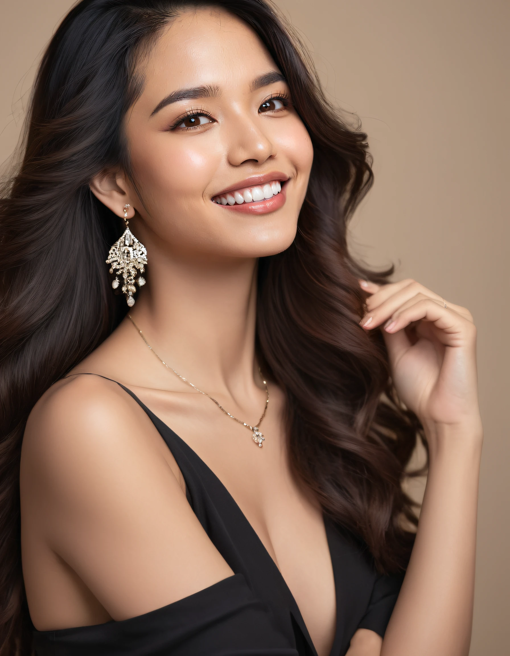 a woman posing for a photo shoot. Jazmine Tan, a stunning woman with glistening brown eyes and black locks that cascaded down her back, took center stage during her solo photo shoot, confidently posing with the subtle hint of a smile as she looked directly at the viewer; her flawless skin adorned by delicate earrings and a striking necklace, while her long hair flowed gracefully with each movement, all captured in the moment when her lips parted slightly to reveal perfectly sculpted teeth, creating an effortlessly realistic scene that left everyone in awe. jazminetan <lora:hophrw18e063adb34v557:1>