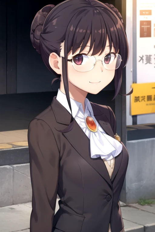 ((masterpiece)),(best quality),official art,extremely detailed CG,unity 8k wallpaper,ultra detailed,beautiful detailed eyes,extremely detailed face,1girl,solo,outdoors,upper body,(portrait:1.5),looking at viewer,facing viewer,smile,nubile,Tachibana Chizuru,ahoge,short hair,black hair,single hair bun,doughnut hair bun,hair intakes,bangs,glasses,brown eyes,suit,formal,white ascot,jewelry,brooch,brown jacket,white shirt,medium breasts,black skirt,pencil skirt,black pantyhose,high heels,<lora:Tachibana Chizuru(gk)>,