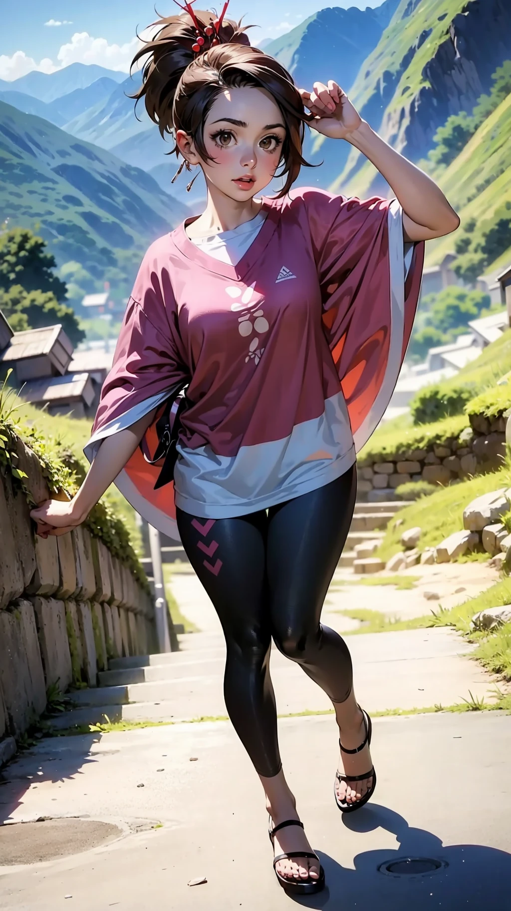 masterpiece, best quality, 1girl, solo, <lora:EPscFuu-07:1.0>, EPscFuu, brown hair, brown eyes,short hair, ponytail, hair ornament, wide angle, wide shot, full body, machu picchu, day, sunny, victory pose, poncho, gradient pants, wavy mouth