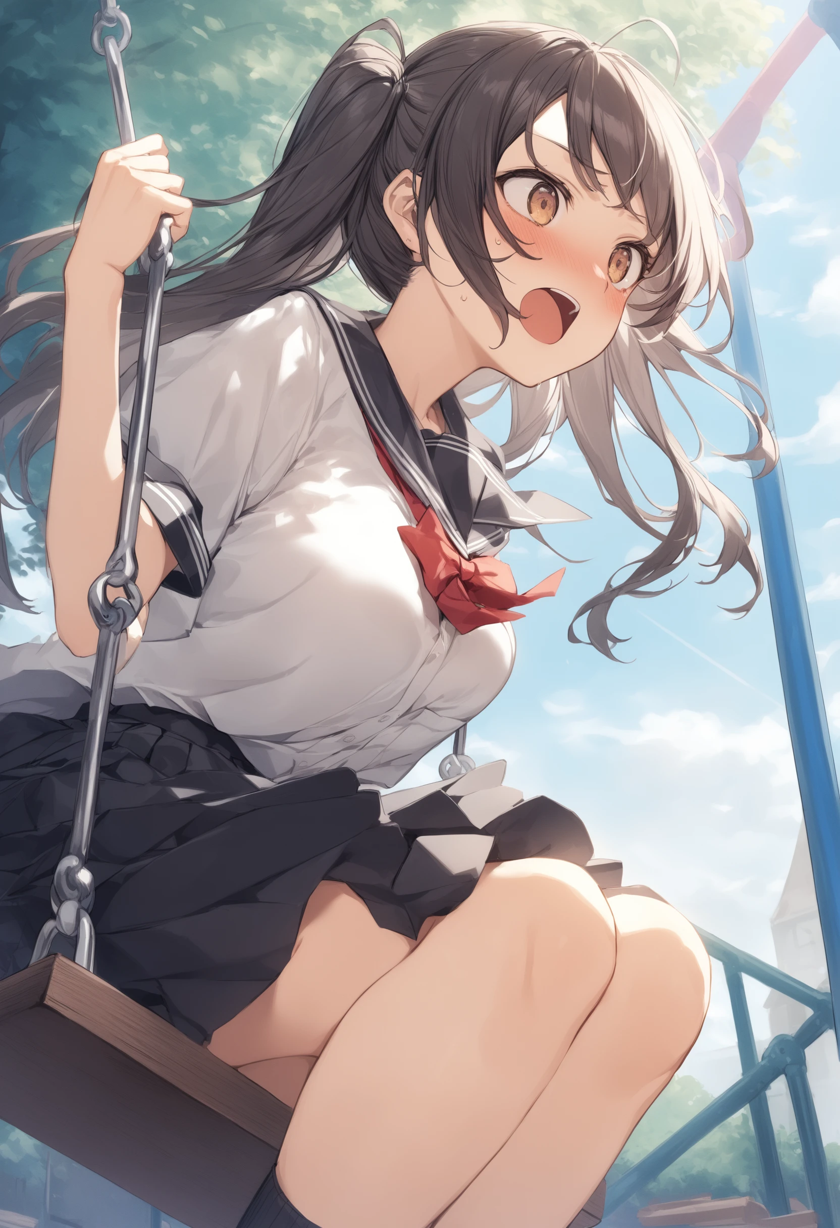1girl, <lora:sdxl2-flat2-512b:-1>,medium breasts,school uniform,
<lora:swing_XL_v1:0.8>,swing, playground, day,
from below, feet out of frame, looking to the side, panicking, outdoors stairs, open mouth,
best quality,medium quality,
