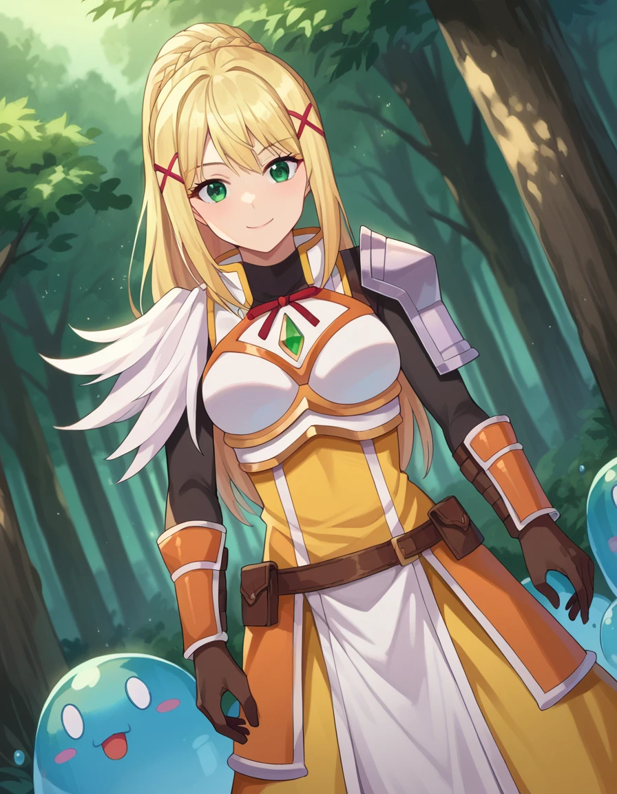 score_9, score_8_up, score_7_up, source_anime,
lalatinadustinessford, <lora:lalatina-dustiness-ford-ponyxl-lora-nochekaiser:1>,
lalatina dustiness ford, long hair, green eyes, blonde hair, hair ornament, ponytail, braid, x hair ornament, smile,
gloves, armor, bodysuit, shoulder armor, armored dress,
outdoors, forest, nature, slime,
looking at viewer, dutch angle, cowboy shot,