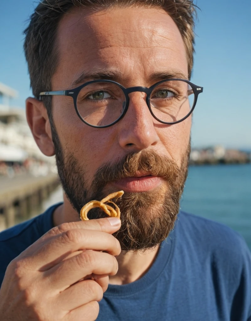 close-up, adult male, eating, round eyeglasses, beard, blue sky, outdoor, casual clothing, hand to mouth, snack, blurred background, pier, daytime, natural light, partial face, focused subject, clear glasses, food in hand, human activity, candid shot, real people, food., Fujifilm XT3, Canon R5, Fujicolor Fujichrome Velvia 100