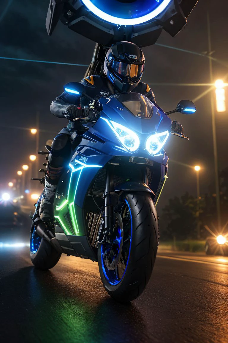 <lora:PCMR_v1:0.6>
a (blue PCMR futuristic superbike motorcycle with (rgb lights, watercooling and fans)) BREAK
racing in a (large city) at high speeds  BREAK
in a (storm night with thunders in the distance) BREAK
photo realistic, 24mm, dolly zoom, dutch angle, cinematic look, lens flare, motion blur, intrincate details