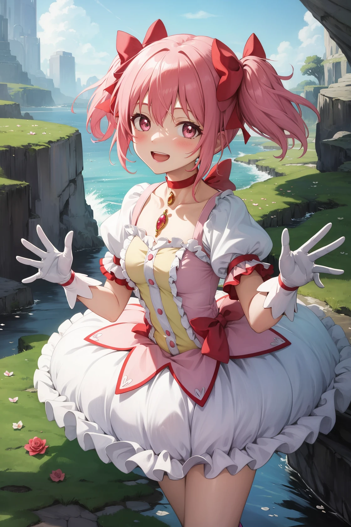 masterpiece, best quality, highres,
MadokaAi, 1girl, solo, pink hair, pink eyes, short hair, bangs, short twintails, flat chest, breasts, blush, smile, open mouth, large breasts, bow, ribbon, twintails, hair ribbon, hair bow, symbol-shaped pupils, red ribbon, pink bow,
gloves, white gloves, frilled sleeves, collarbone, soul gem, skirt, dress, shoes, buttons, choker, socks, puffy sleeves, ribbon choker, red choker, puffy short sleeves, frills, choker, cosplay, rose, magical girl, bubble skirt, kaname madoka,
upper body, looking at viewer, waving, waving arms, outdoors, cave, darkness, shadow, stalactite, <lora:Madoka:1>