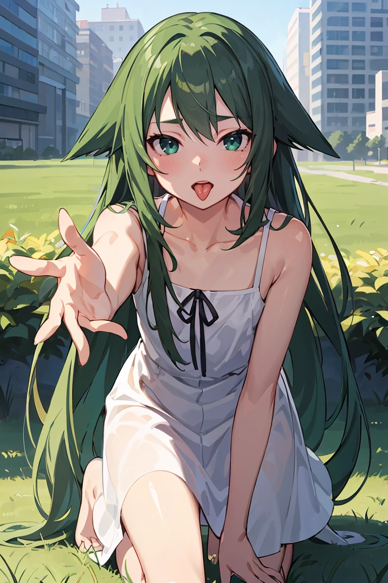 masterpiece, best quality,ultra-detailed , glistening shiny, glowing light, ray tracing, HDR, deph of field, (perfect face, detailed face), <lora:SayaVN:0.7>, sayavn, very long hair, green hair, hair flaps, flat chest, open mouth, tongue out, reaching hand, sundress,black ribbon, kneeling,