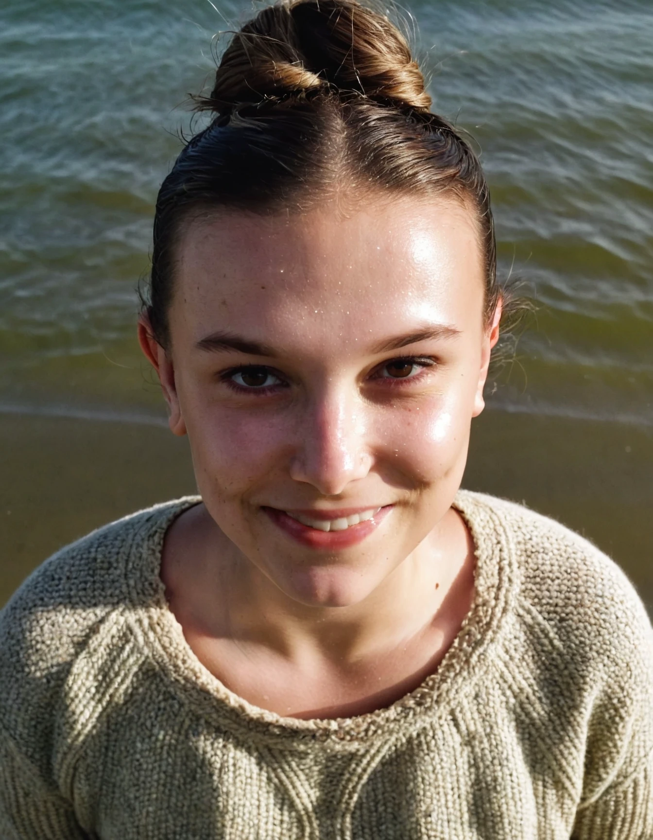 super high resolution (from above shot:1.3) photo close-up of milli3 woman with long dark hair styled in a hair bun smiling,,, at beach while looking at camera,wearing sweater,(highly detailed skin:1.2),(pores:1.2),(sweaty skin:1.3),gloomy,volumetric lighting,at night,dimly lit,(surreal dramatic lighting shadow)