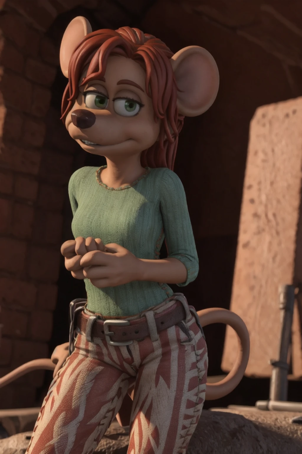 <lora:Rita_Flushed_Away:1> ritaflushed, 1girl, green eyes, red hair, mouse tail (cute:1.2), BREAK, 8k, hi res, 40mm lens, (Best quality, masterpiece:1.2)