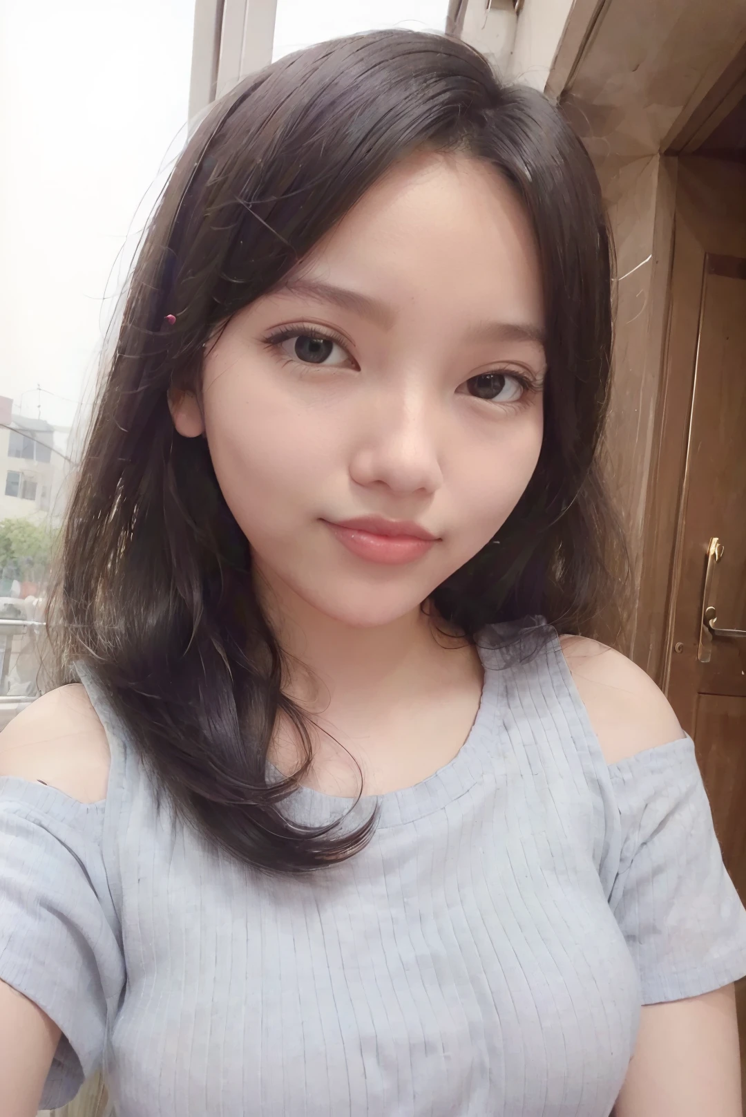 ((masterpiece)), ((best quality)), ((detailed)), ((realistic)), (1girl, solo:1.2, standing, arms at side), ((((one quarter headshot:1.5, one quarter body, (close-up photo)), small breast:1.3, slender body:1.3, body height 150 cm, body weight 40 Kg, 21 years old, breast size 32D))), hyperdetailed, luxury skyscrapper apartment, bedroom with large glass windows, flirty expression, cute, a dashing collected professional beauty woman, woman, girl, Niken, short sleeved off shoulder gray t-shirt, dress politely and neatly, formal appearance, untucked, short hair, hair parted at the back, (flirty pose:1.2), looking at camera, gold small earrings, gold watch, gold bracelet, small gold necklace, young adult, indonesian, Indonesia, SFW, cosplay, whole body facing the camera, (head straight, potrait), <lora:Javanese_Girl_V1_Retrained:0.8>