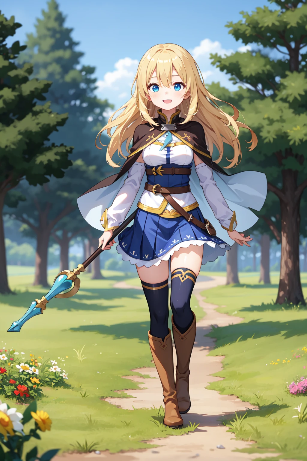 (best quality:1.4), ultra detailed, traveller girl,
platinim blonde hair, long hair, straight hair, blue eyes, dropping eyes, medium breasts,
(looking away:1.2), happy, from front, isekai, full body, walking, grassland, tree, flower,
holding staff, flared skirt, dark brown thighhigh boots, cloak, bluesky, (blurred background:1.2)