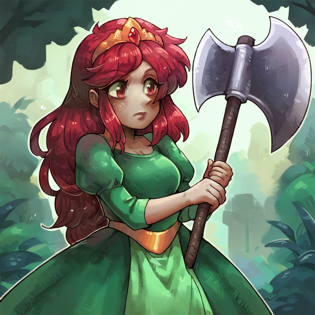 score_9, score_8_up, score_7_up, score_6_up, score_5_up, score_4_up,  a girl standing in the forest, <lora:FFMQ_Kaeli_XL:0.7> kaeli, final_fantasy, red hair, tiara, long hair, long green dress, holding a large axe,  <lora:Alamander:1>