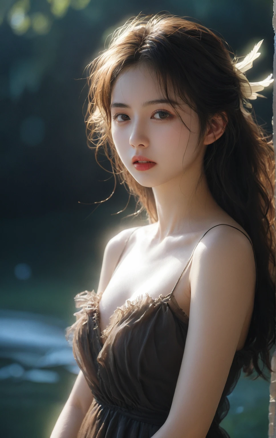 best quality, (original photo: 1.2), (masterpiece: 1.4), (actual: 1.4), (high resolution: 1.4), Chinese actress Guli Nazha, depth of field, intricate details, 8k, Very detailed, perfect lighting, epic background, big bust 1.3, The clothes are messy, broken, The whole body is soaked