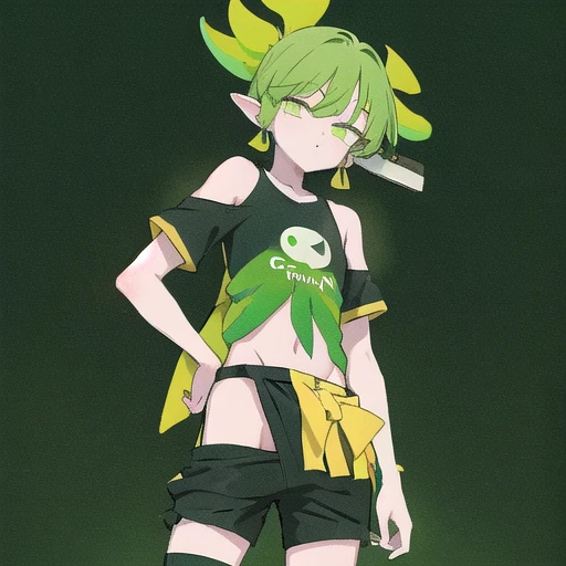 <lora:Huzi:1>,(green body, yellow belly, man:1.3),Black Background,dressed,T-shirt and shorts