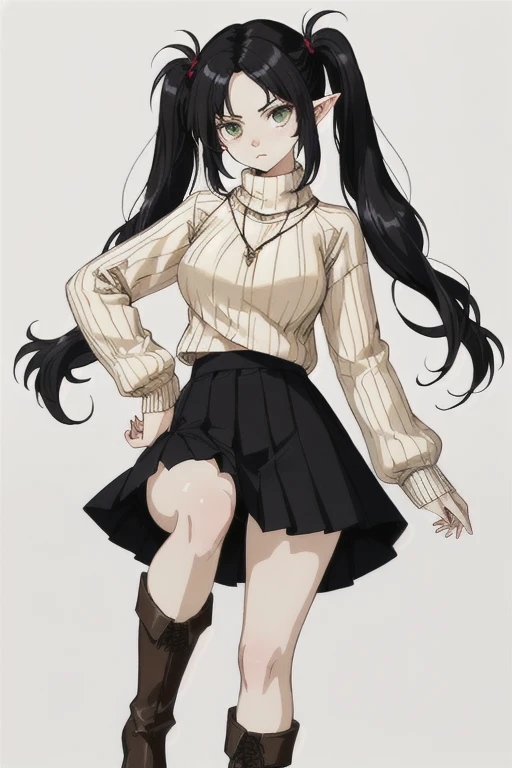 Tappan Vickery(young elf woman, stern look, lithe figure, large bust, lithe legs, Black hair twintails) wearing( cream color Sweater, black pleated skirt, Black knee-high boots)