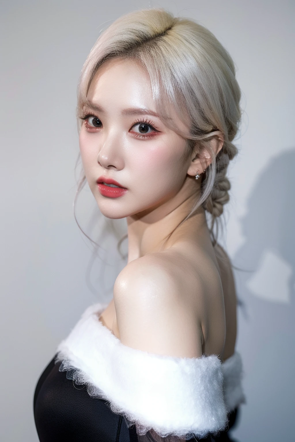 Best quality, masterpiece, ultra high res, (photorealistic:1.4), raw photo,1girl, solo, realistic, looking at viewer, upper body,simple background, black dress, off shoulder, <lora:makina69_eunha_v1.0:1>, white hair, portrait