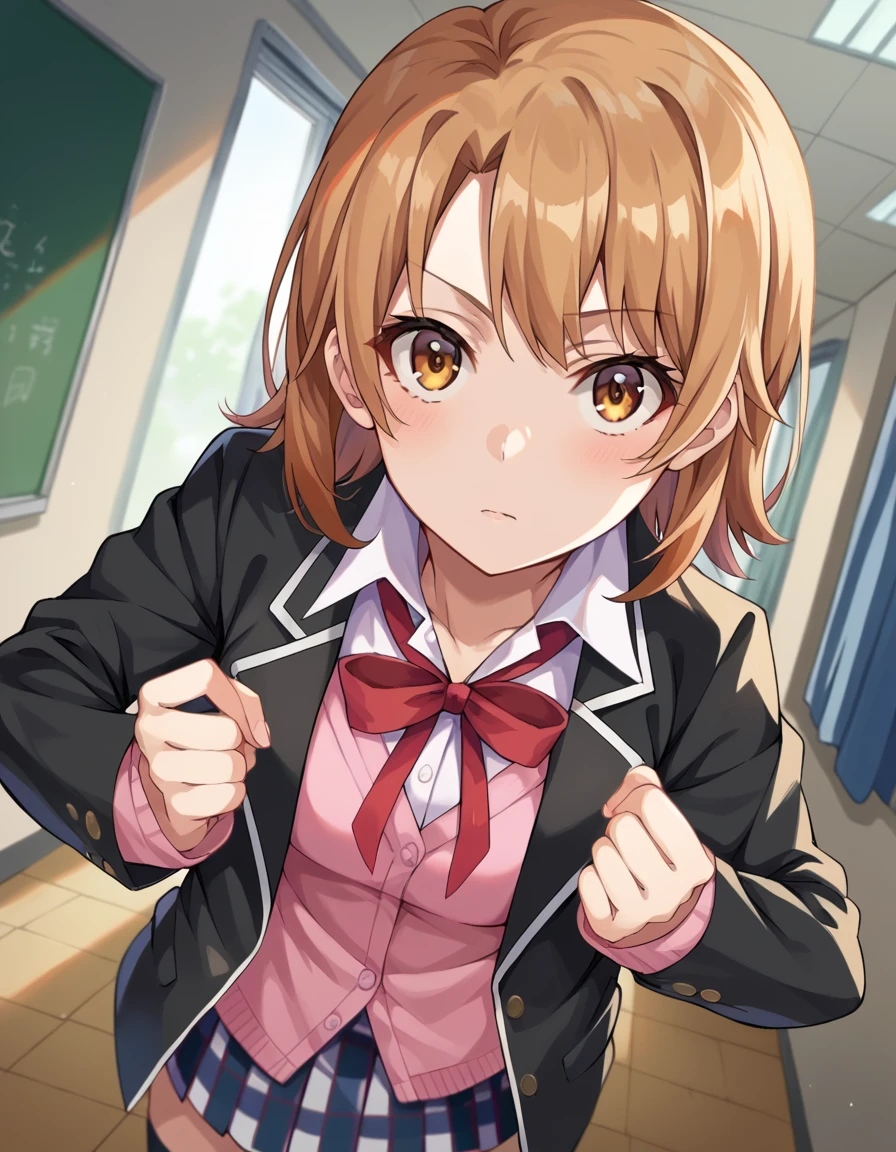 score_9, score_8_up, score_7_up, source_anime,
irohaisshiki, <lora:iroha-isshiki-ponyxl-lora-nochekaiser:1>,
iroha isshiki, short hair, brown hair, brown eyes,
skirt, shirt, ribbon, school uniform, jacket, white shirt, open clothes, socks, open jacket, black jacket, plaid, kneehighs, plaid skirt, blazer, cardigan, black socks, pink cardigan, sobu high school uniform,
indoors, classroom, hallway,
looking at viewer, dutch angle, cowboy shot,