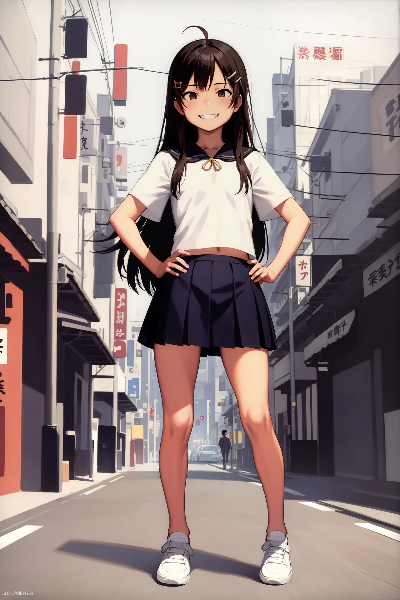 (absurdres, sketch:1.2),
1girl, grin, dark eyes, brown hair, hair ornament, long hair, hairclip, ahoge, flat chest
BREAK serafuku, uniform, blue skirt, red sneakers, hands on own hips
BREAK contrapposto, full body, wide shot, detailed background, tokyo, city, bustling street