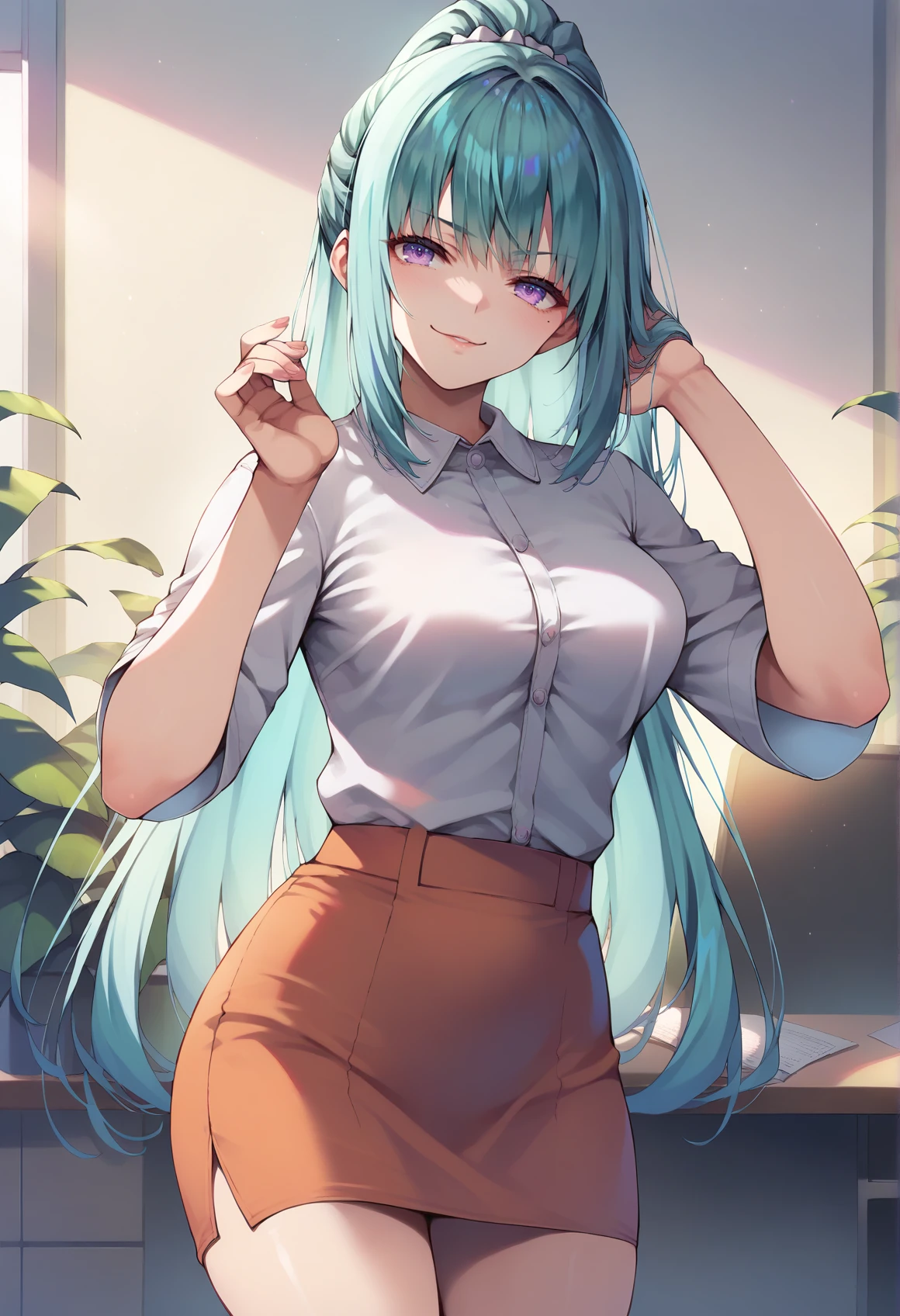 score_9, score_8_up, score_7_up, source_anime, 1girl,violet eyes, smug, office, aqua hair, medium breasts,long hair, bob cut, cowboy shot, standing, ponytail <lora:Tomose-Shunsaku-Style-PonyXL-000050:1>