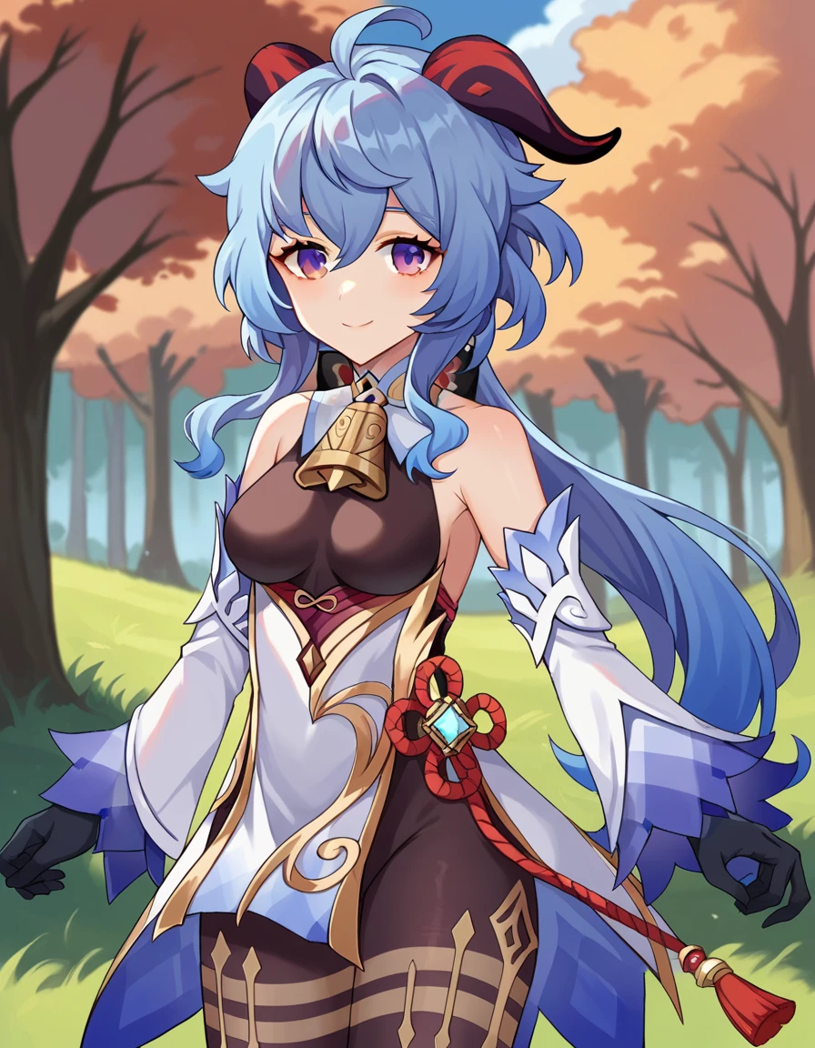 score_9, score_8_up, score_7_up, source_anime,
ganyu, <lora:ganyu-ponyxl-lora-nochekaiser:1>,
ganyu, blue hair, goat horns, horns, long hair, purple eyes, sidelocks, smile,
gloves, bare shoulders, detached sleeves, black gloves, bell, bodysuit, neck bell, black bodysuit, vision \(genshin impact\), bodystocking, cowbell, chinese knot,
outdoors, forest, nature,
looking at viewer, cowboy shot, dutch angle, dynamic pose,