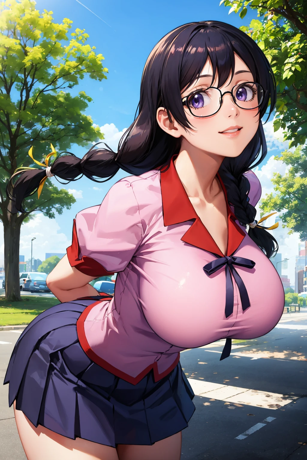 masterpiece, best quality, <lora:hanekawa-nvwls-v1-000008:0.9> defTsubasa, black hair, purple eyes, twin braids, glasses, pink shirt, puffy sleeves, short sleeves, pleated skirt, (huge breasts:0.8), arms behind back, leaning forward, smile, happy, blue sky, tree, city, upper body, looking at viewer