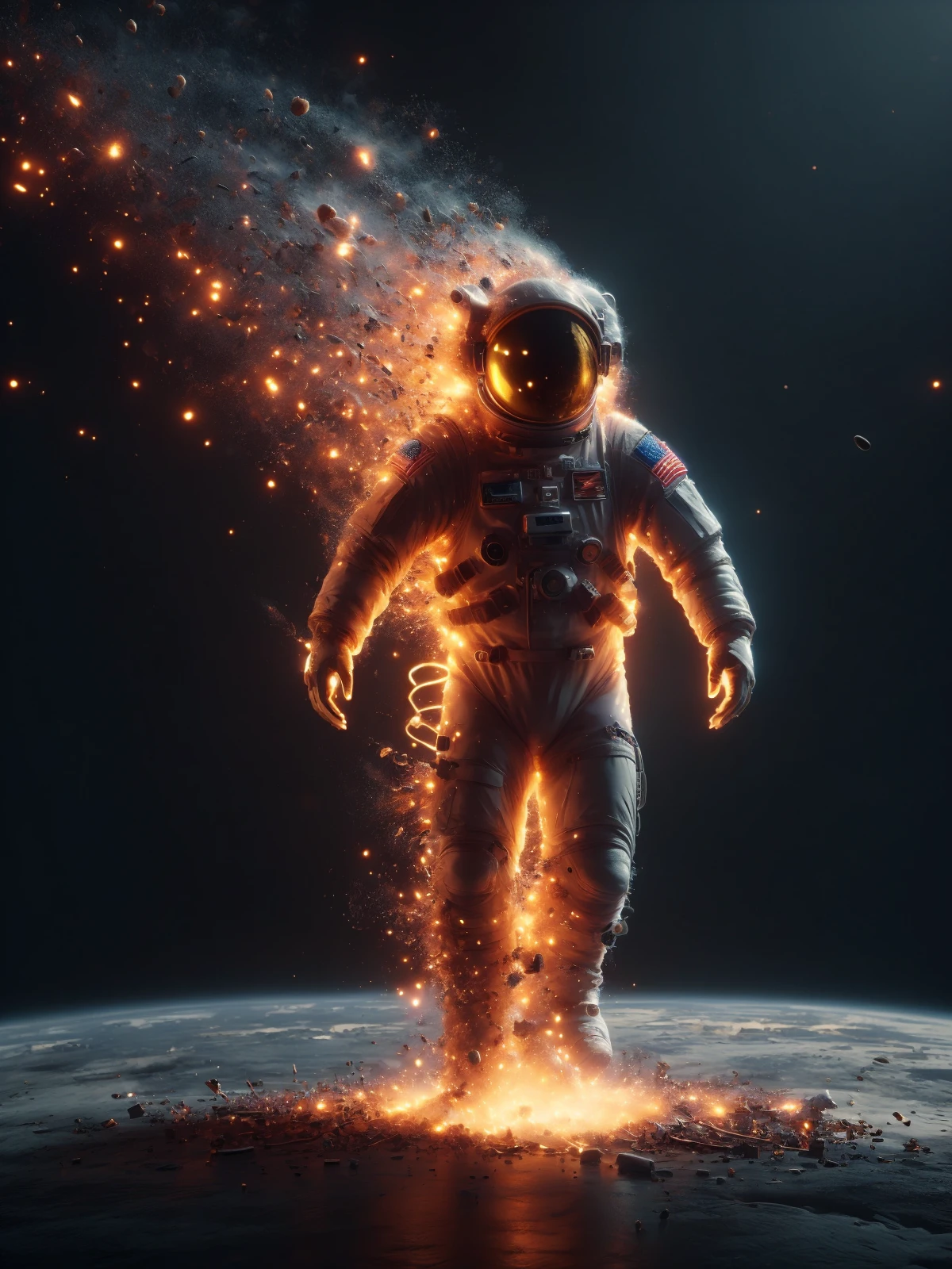 astronaut dissolving into mad-embr, space in orbit of earth, dynamic pose <lora:Embers_SD1.5:1>, (masterpiece:1.2), best quality, (hyperdetailed, highest detailed:1.2), high resolution textures