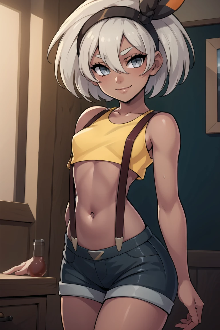 ((masterpiece,best quality)), absurdres, <lora:Misty_Pokemon_Cosplay_v3:0.8>,  misty (pokemon) (cosplay), yellow crop top, suspenders, <lora:Bea_Pokemon_v2:0.8>, bea (pokemon), dark-skinned female, hair between eyes, grey hair, short hair, grey eyes, solo, smile, looking at viewer, cowboy shot,