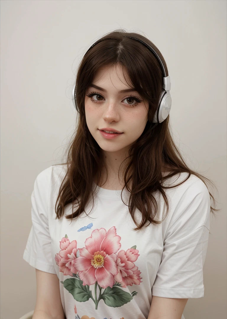 1girl, hannahowo, headshot, portrait, tshirt, flower print tshirt, white background, (headphones),