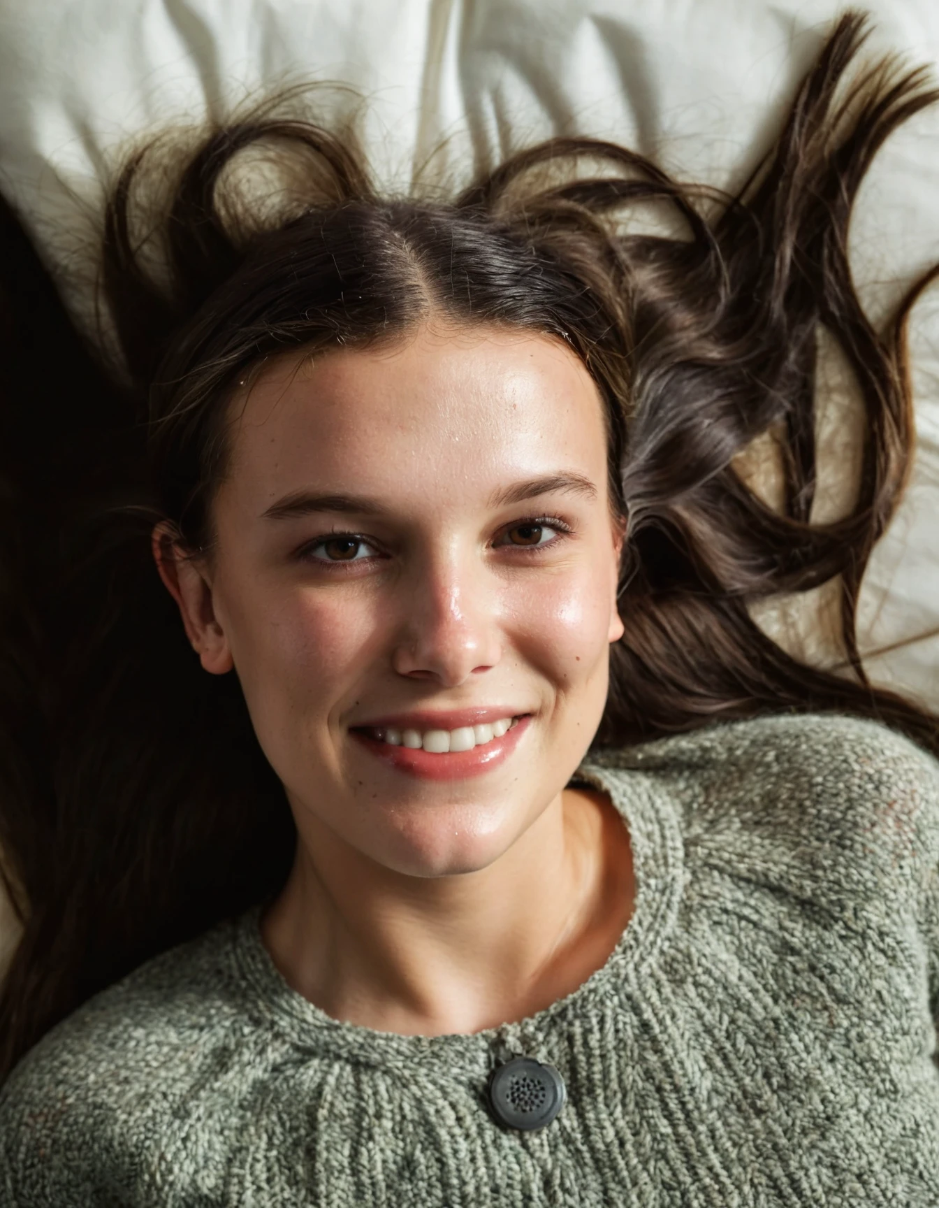 super high resolution (from above shot:1.3) photo close-up of milli3 woman with dark long hair smiling,, laying on bed while looking at camera,wearing sweater,(highly detailed skin:1.2),(pores:1.2),(sweaty skin:1.3),gloomy,volumetric lighting,sunrise,(surreal dramatic lighting shadow)