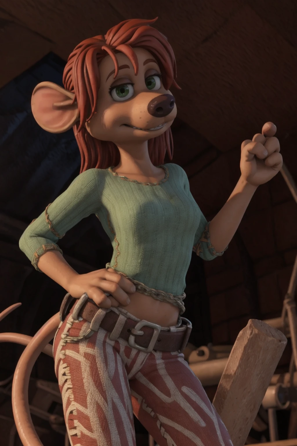 <lora:Rita_Flushed_Away:1> ritaflushed, 1girl, green eyes, red hair, mouse tail (cute:1.2), BREAK, 8k, hi res, 40mm lens, (Best quality, masterpiece:1.2)
