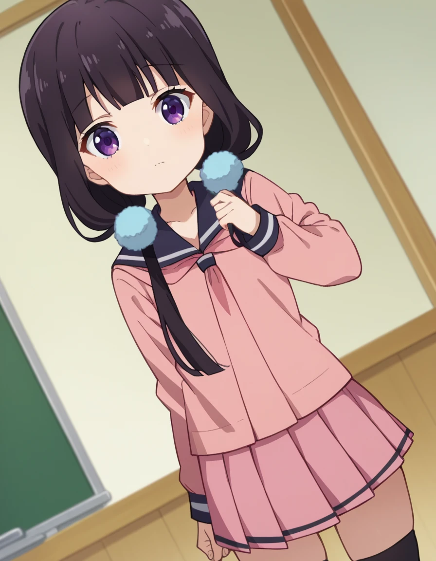 score_9, score_8_up, score_7_up, source_anime,
maikasakuranomiya, <lora:maika-sakuranomiya-ponyxl-lora-nochekaiser:1>,
maika sakuranomiya, long hair, black hair, hair ornament, twintails, purple eyes, low twintails,
skirt, shirt, long sleeves, school uniform, pleated skirt, serafuku, sailor collar, black socks, pink skirt, pink shirt,
indoors, classroom,
looking at viewer, dutch angle, cowboy shot,