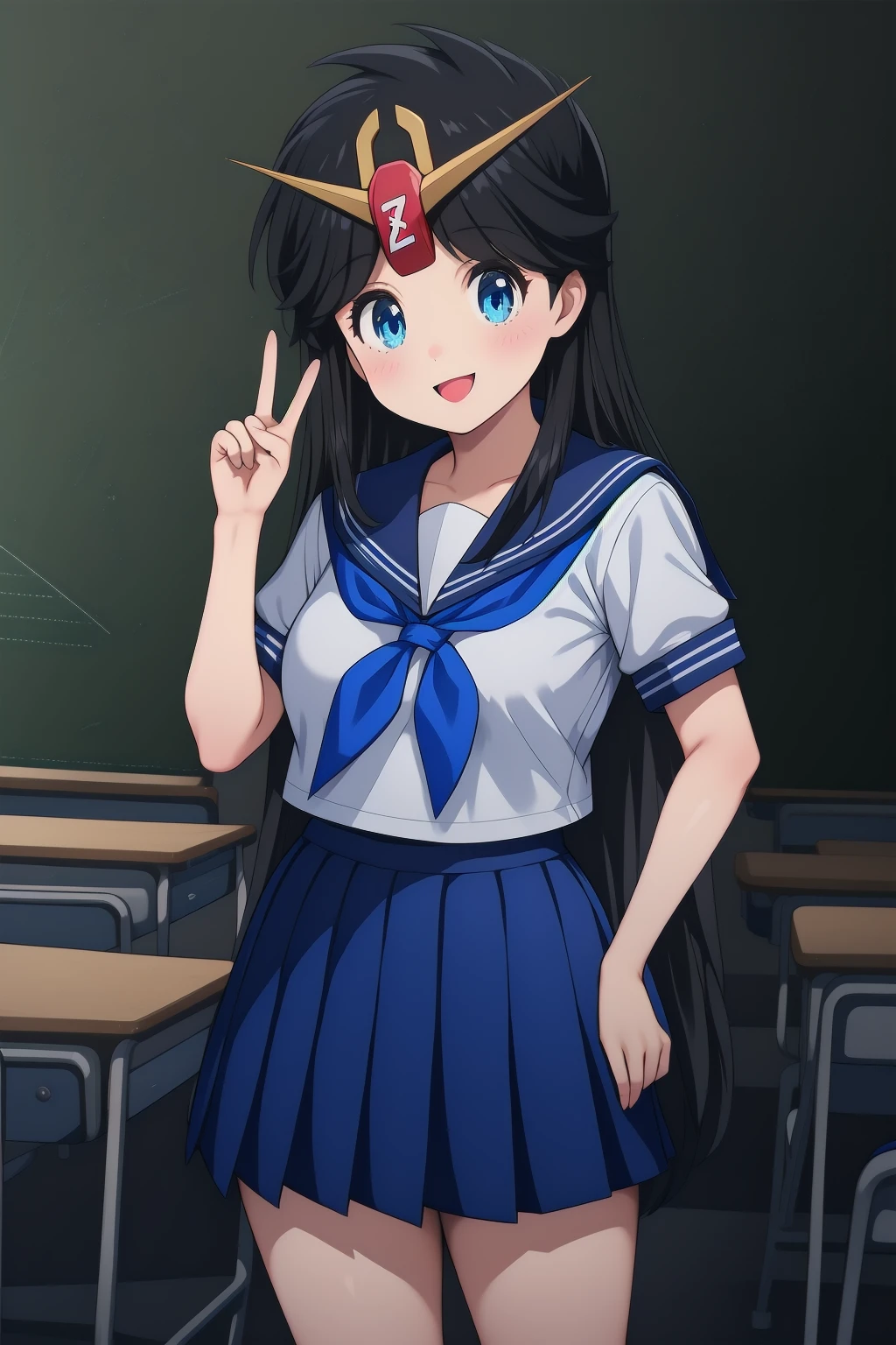 1girl, , (classroom:1.2), smile, cowboy shot,
z-chan, blue eyes, black hair, long hair, hair ornament, school uniform, serafuku, short sleeves, pleated skirt, ,<lora:Z-chan_lora_ver1:0.8>, best quality, masterpiece, highres, <lora:GoodHands-vanilla:1>
