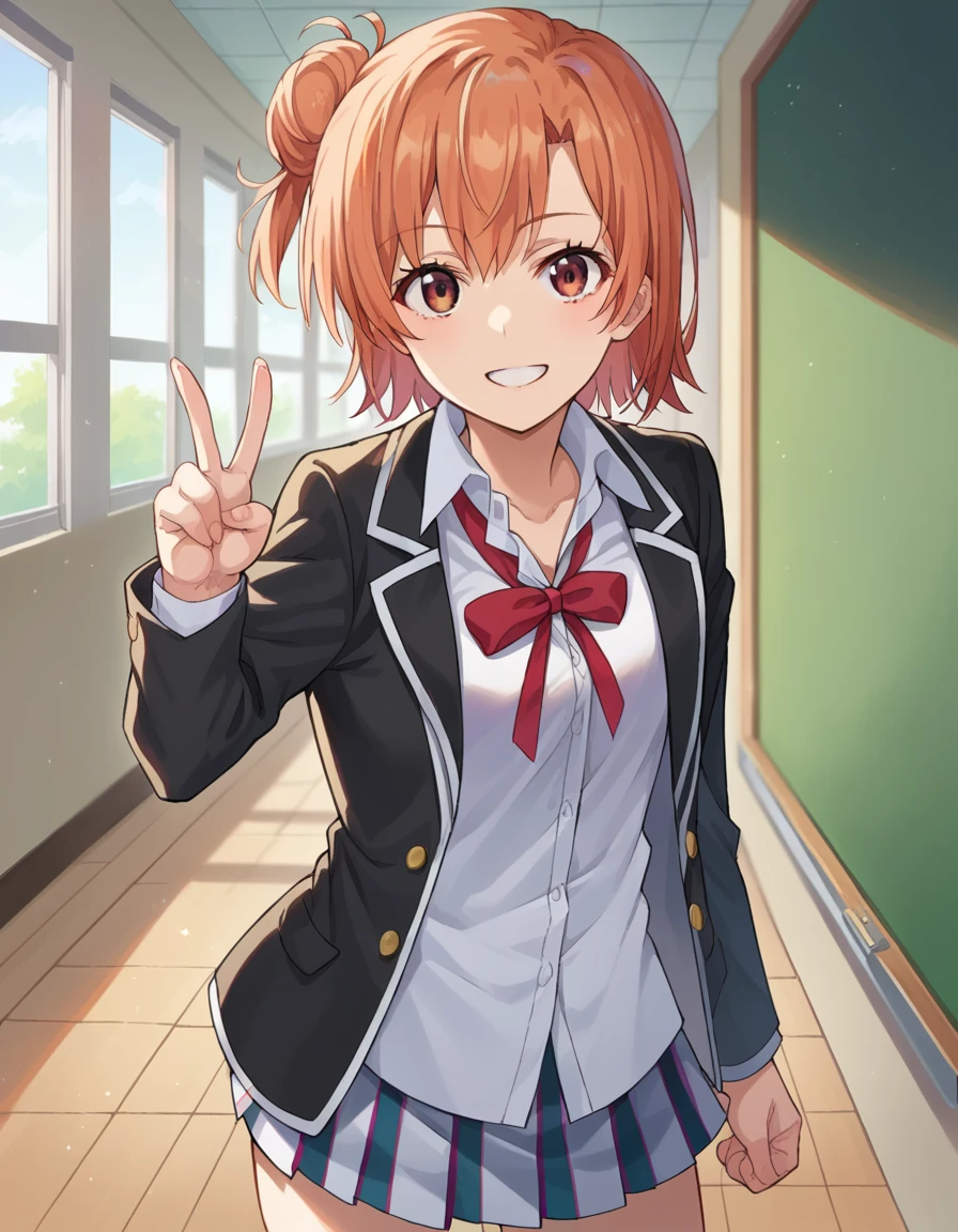 score_9, score_8_up, score_7_up, source_anime,
yuiyuigahama, <lora:yui-yuigahama-ponyxl-lora-nochekaiser:1>,
yui yuigahama, short hair, brown eyes, orange hair, hair bun, single hair bun, smile,
skirt, shirt, ribbon, school uniform, jacket, white shirt, black jacket, blazer, sobu high school uniform,
indoors, classroom, hallway,
looking at viewer, dutch angle, cowboy shot, dynamic pose, peace sign,