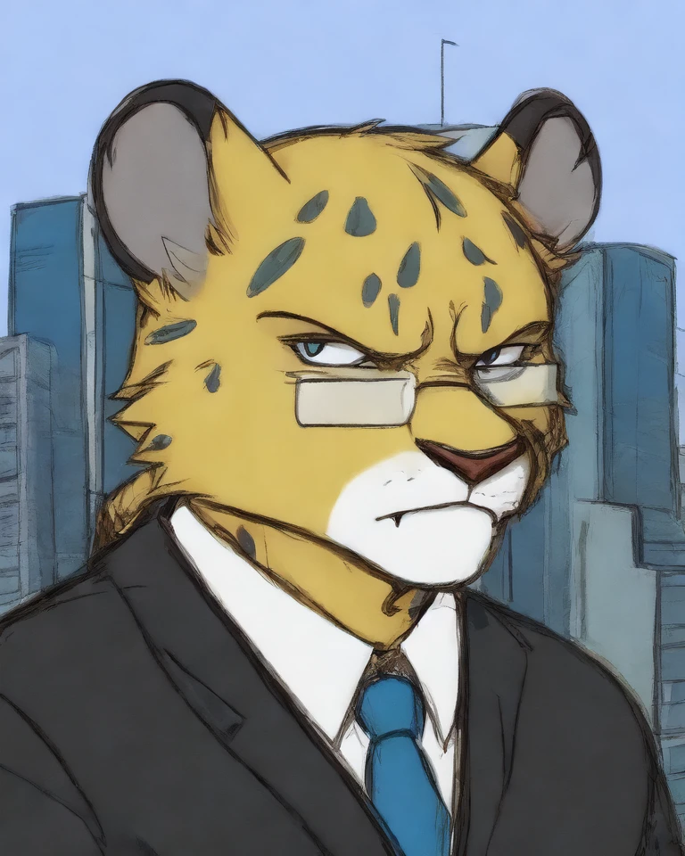 solo, hyodo, (glasses, fangs:0.6), <lora:hyodo:1>, frown, male, bust portrait, city background
anthro