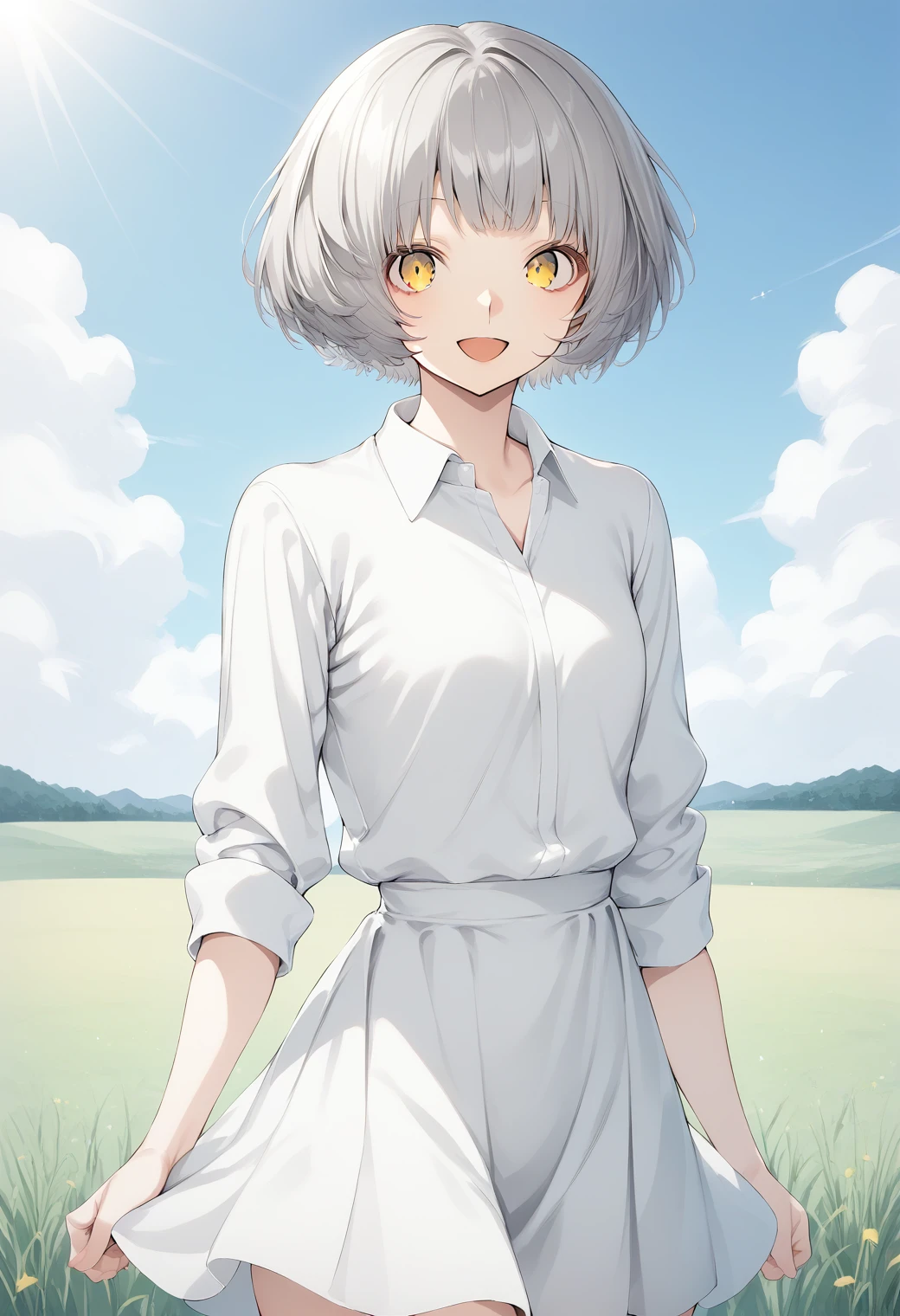 1girl, cowboy shot, (field:1.2), sky, sunlight, smile, open mouth, looking at viewer,
momoshiro_chiyoko, yellow eyes, grey hair, short hair, white shirt, white skirt, <lora:momoshiro_chiyoko_pony_ver1:0.7>, score_9, score_8_up, score_7_up, BREAK source_anime, rating_explicit, best quality, masterpiece, uncensored, solo,