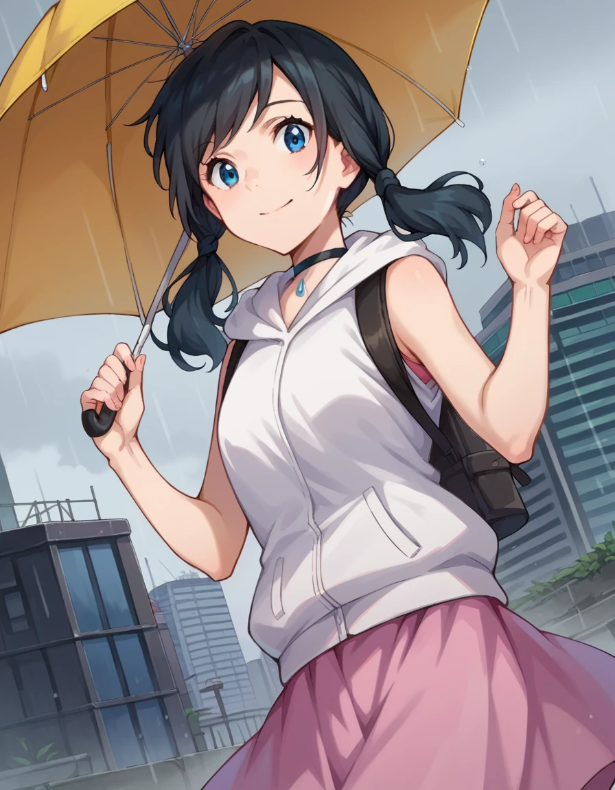 score_9, score_8_up, score_7_up, source_anime,
hinaamano, <lora:hina-amano-ponyxl-lora-nochekaiser:1>,
hina amano, black hair, twintails, blue eyes, smile,
skirt, jacket, sleeveless, choker, hood, bag, hoodie, white jacket, backpack, hood down, hooded jacket, pink skirt, sleeveless jacket, sleeveless hoodie,
outdoors, cityscape, raining, umbrella, holding umbrella,
looking at viewer, dutch angle, cowboy shot,