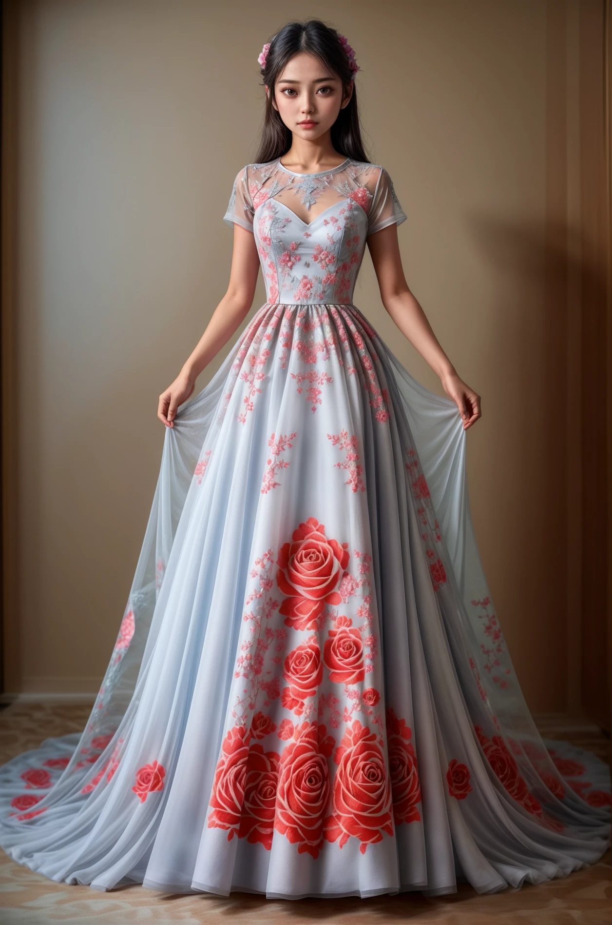 masterpiece,best quality,dynamic_angle,1girl,dress,<lora:formal attire:0.8>,formal attire,<lora:add_detail:1>,flower,printing,stenciled_rose,