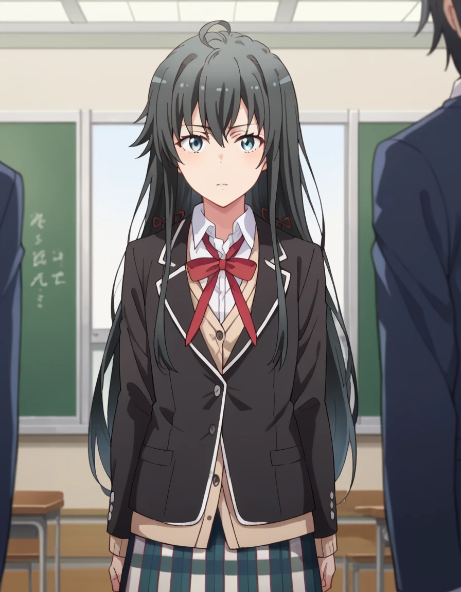 score_9, score_8_up, score_7_up, source_anime,
yukinoyukinoshita, <lora:yukino-yukinoshita-ponyxl-lora-nochekaiser:1>,
yukino yukinoshita, black hair, blue eyes, long hair, ahoge,
blazer, cardigan, jacket, plaid, plaid skirt, school uniform, skirt, sobu high school uniform,
indoors, classroom, hallway,
looking at viewer, dutch angle, cowboy shot,