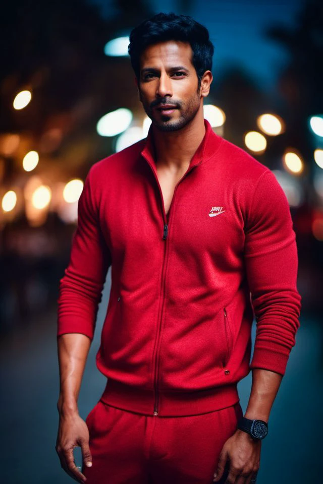 Jason Reitman a man  <lora:Sehban-Azim_Jason-Reitman:0.9>, realistic photo in a worn ((red tracksuit)), ((light bokeh)), intricate, (steel metal [rust]), elegant, sharp focus, photo by greg rutkowski, soft lighting, vibrant colors, (masterpiece), ((streets)), (detailed face), looking at viewer, light smile, night, walking towards viewer, cinematic lighting, beautiful lighting, cinematic lighting, (hazy filter, film grain:1.2)