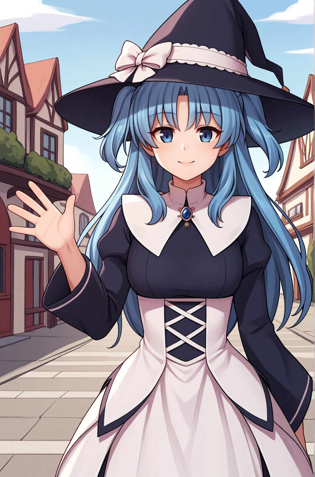anime artwork score_9, score_8_up, score_7_up, score_6_up, score_5_up, score_4_up, source_anime, BREAK, thick outline, fat outline,
Chtholly_Nota_XL, nota_outfit, blue hair, long hair, two side up, blue eyes, dress, long sleeves, wide brimmed witch hat, BREAK, village, waving,
<lora:Chtholly_Nota_Seniorious_XL:0.7>
<lora:PersonalAmi_PonyXL:1.0>