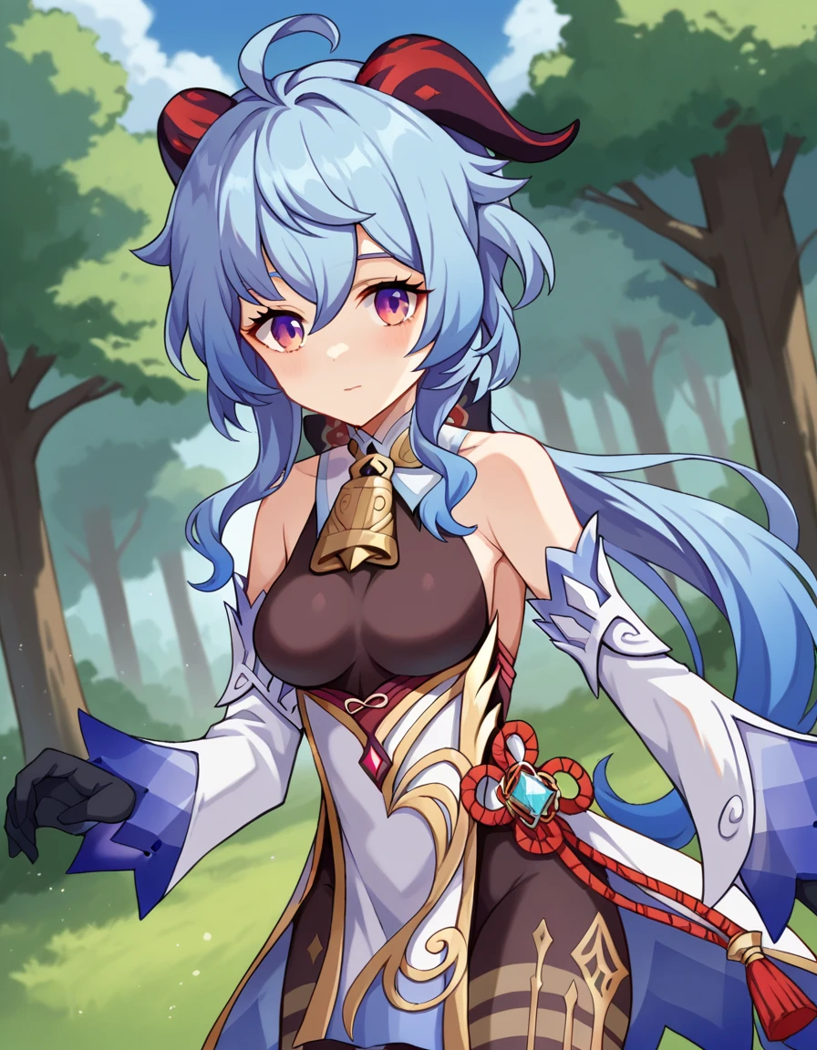 score_9, score_8_up, score_7_up, source_anime,
ganyu, <lora:ganyu-ponyxl-lora-nochekaiser:1>,
ganyu, blue hair, goat horns, horns, long hair, purple eyes, sidelocks,
gloves, bare shoulders, detached sleeves, black gloves, bell, bodysuit, neck bell, black bodysuit, vision \(genshin impact\), bodystocking, cowbell, chinese knot,
outdoors, forest, nature,
looking at viewer, cowboy shot, dutch angle, dynamic pose,