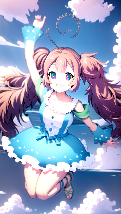 gibasachan , jumping, flying above clouds, detailed face, detailed thigh, masterpiece, best quality <lora:gibasa_anime_v1:1>