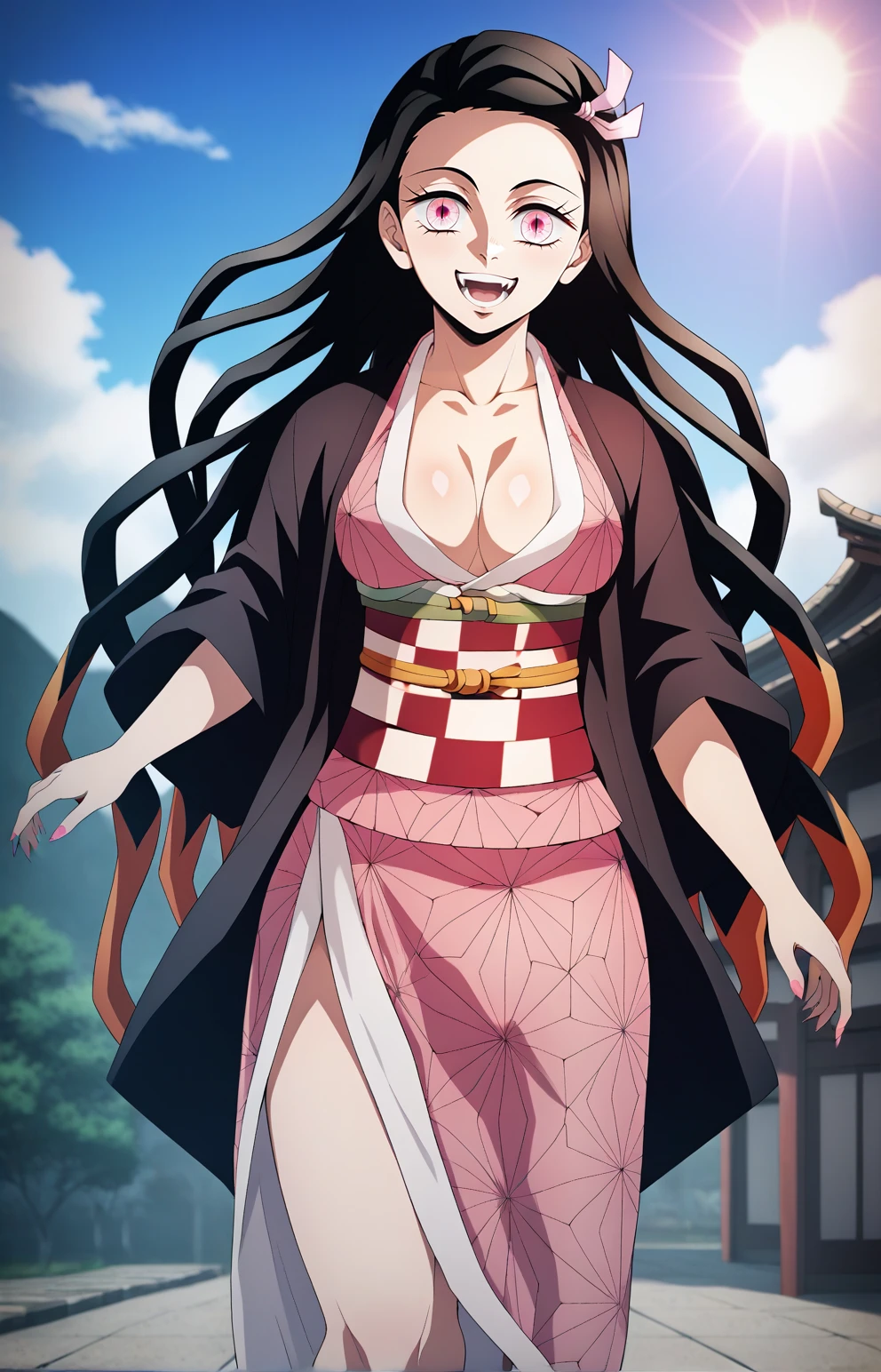 score_7_up, BREAK source_anime, dnezukoxlv4, 1girl, solo, looking at viewer, japanese clothes, kimono, pink kimono, happy, sun, cowboy shot, outdoors, <lora:DNezukoXLV4-10EP:0.9>